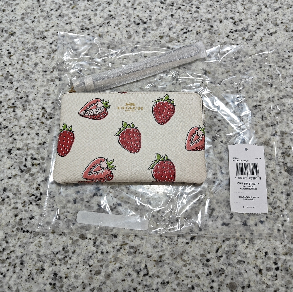 Coach Corner Zip Wristlet With Strawberry Print